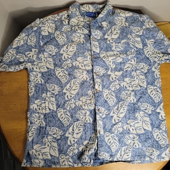 Op Tropical Palm Leaves Hawaiian Print Camp Shirt Men's Large Blue - Picture 10 of 11